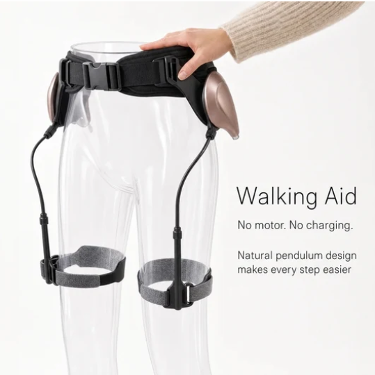 StrideJoy passive walking support shown on a clear display form